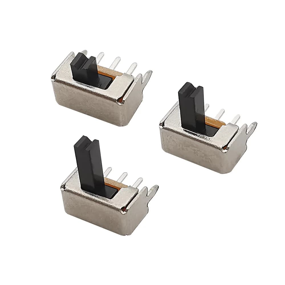 SK12D07 miniature toggle switch with a black handle, shown mounted on a printed circuit board for electronic projects.