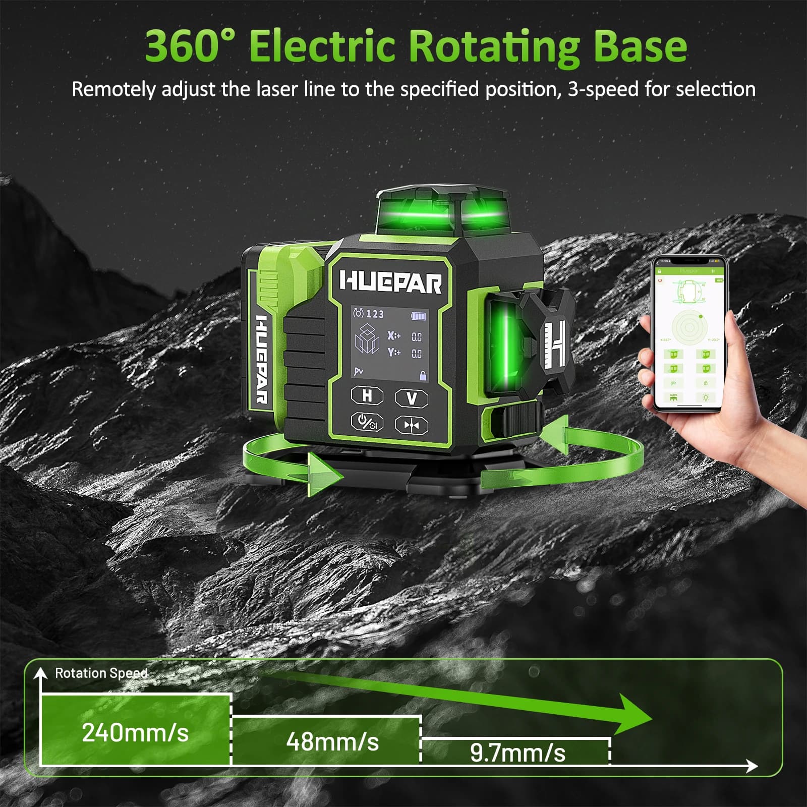 3D Laser Level | 12 Green Lines with Bluetooth | Electric Rotating Base & LCD Remote - Thumbnail 4