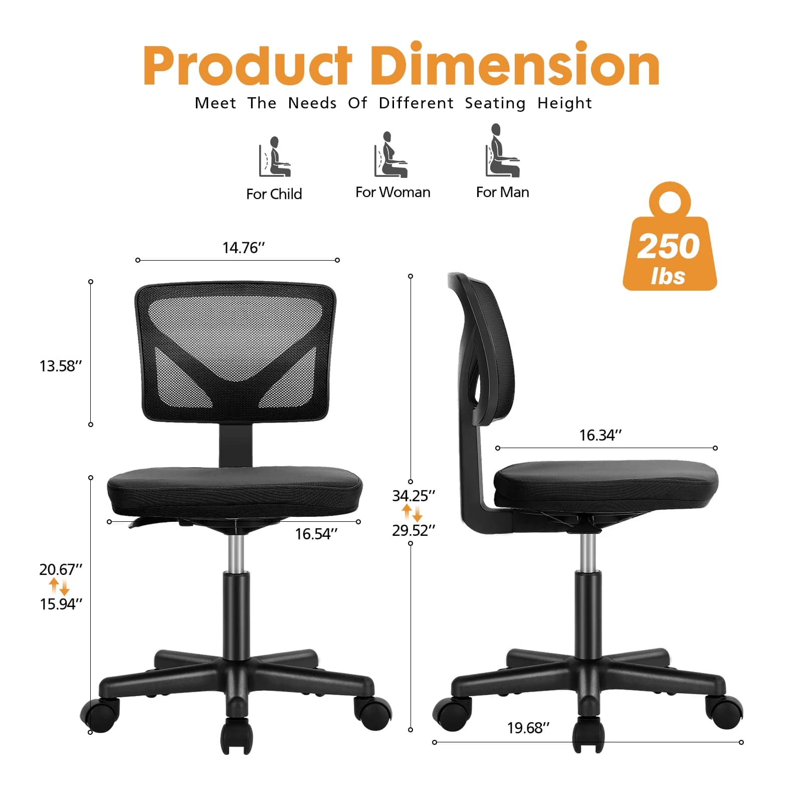 Armless Office Chair | Low Back with Lumbar Support | 360° Swivel Adjustable Computer Chair - Thumbnail 4