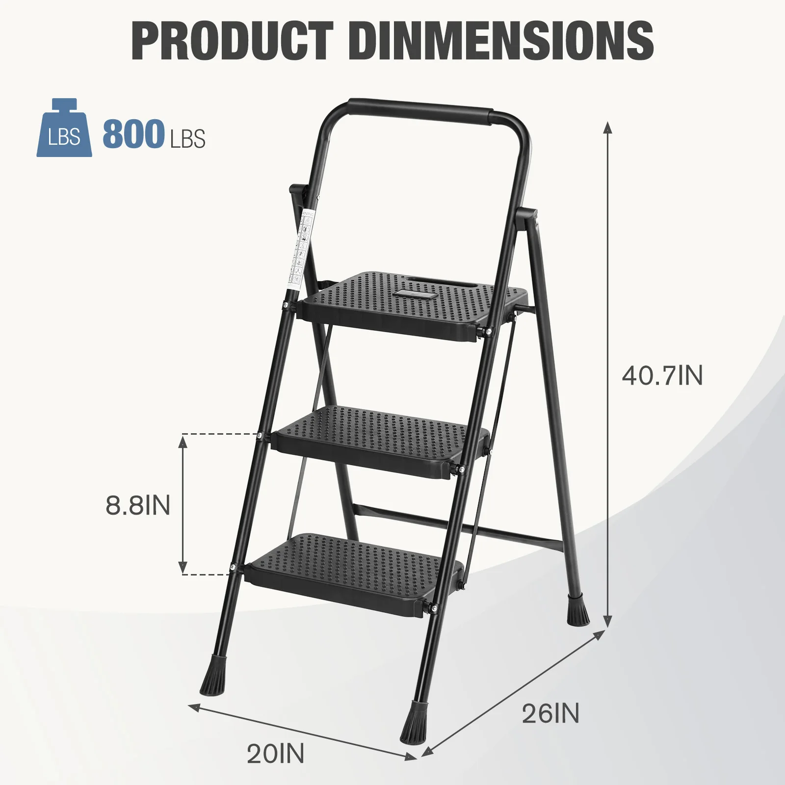 Step Ladder Stool | 800lbs Capacity Steel Frame | Anti-Slip Pedal for Kitchen & Home - Thumbnail 3