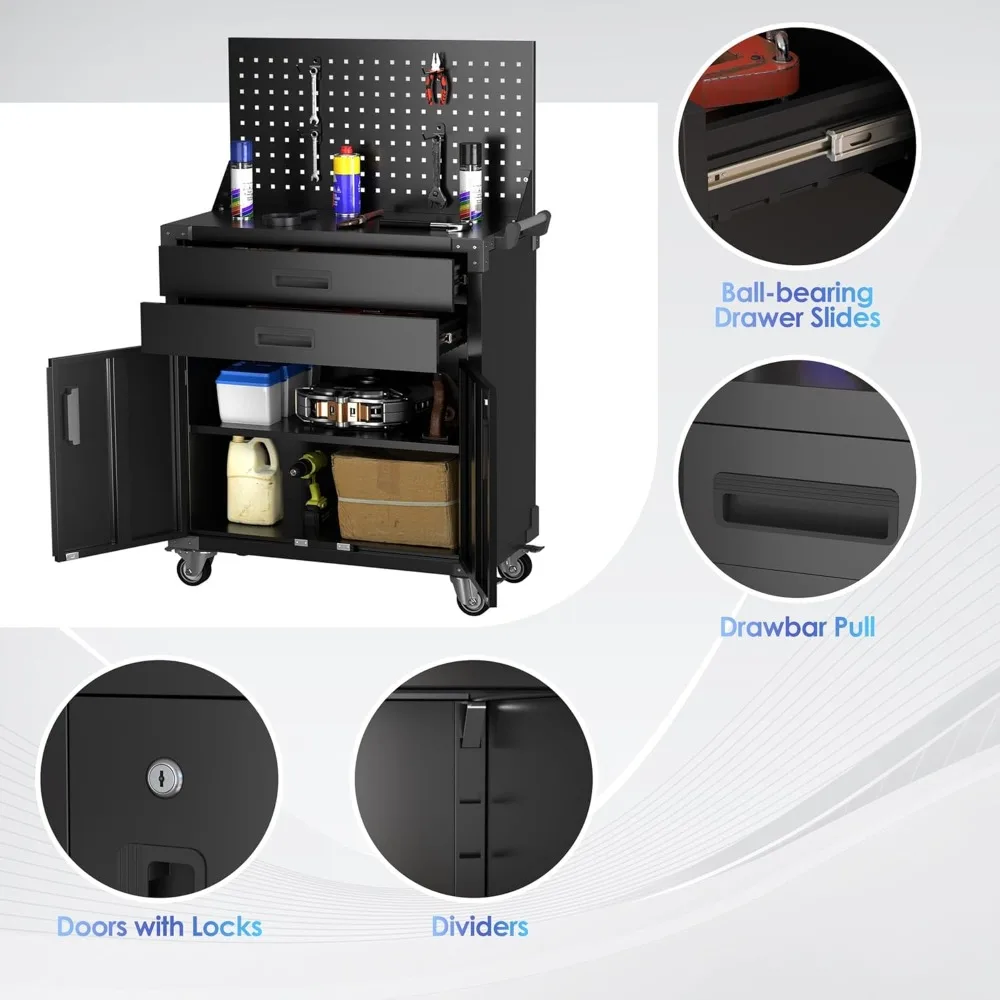 Tool Cart with Pegboard | 2-Drawer Garage Cabinet on Wheels | Utility Service Cart - Thumbnail 4