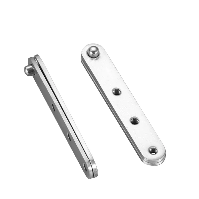 Hidden 360-degree pivot hinge with 7-shape chicken mouth design in stainless steel, for top-bottom cabinet door mounting.