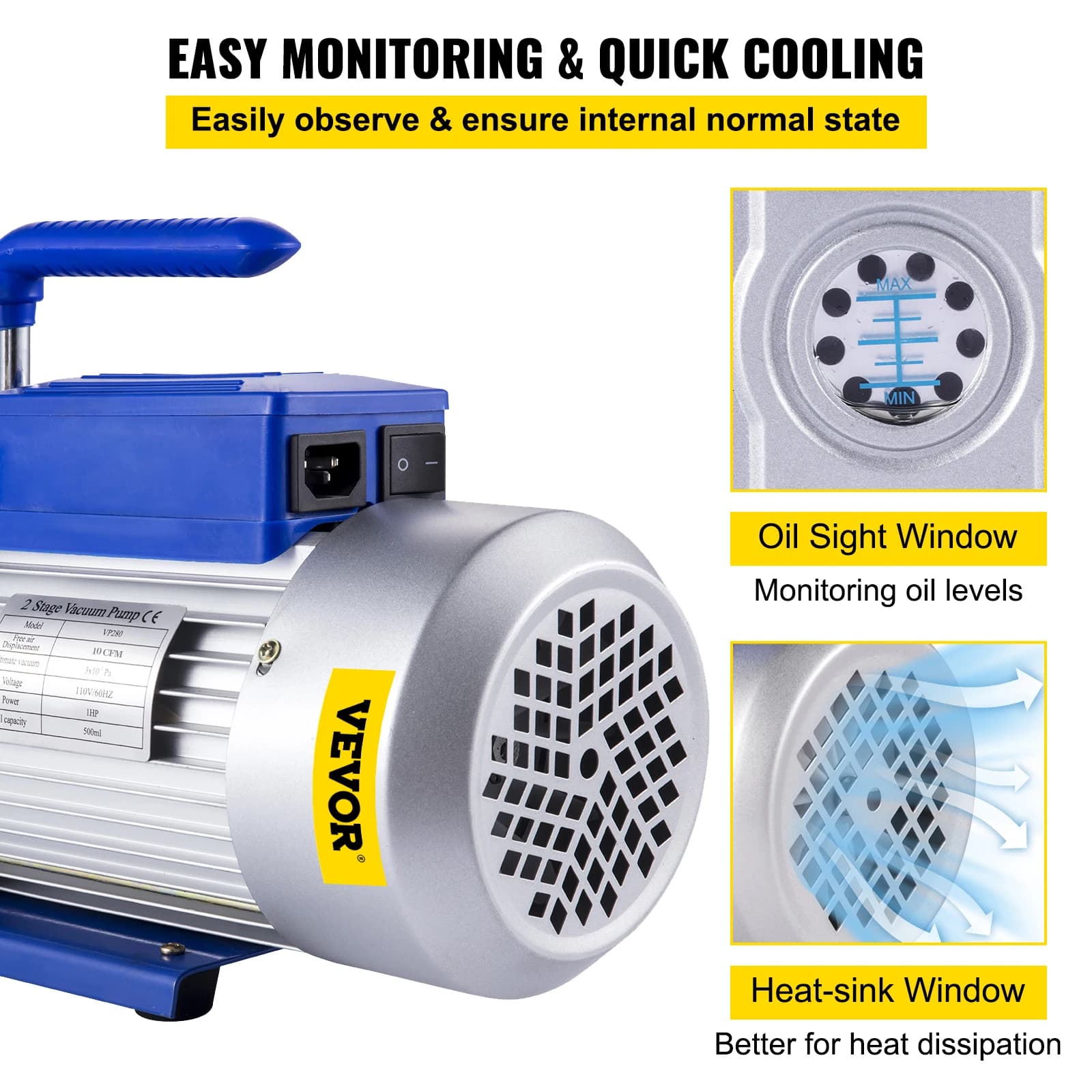 10CFM 2-Stage Vacuum Pump | 1HP HVAC Rotary Pump | Professional Auto AC Refrigerant Evacuation System - Thumbnail 5