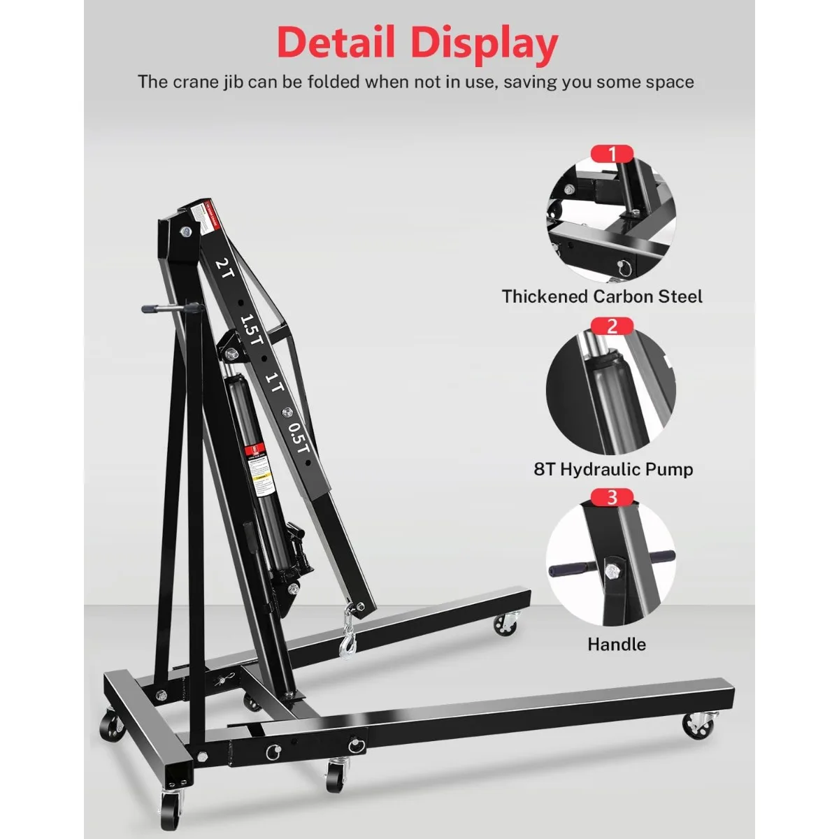 2-Ton Folding Shop Crane | Portable Hydraulic Engine Hoist | Lever-Operated Lift - Thumbnail 4