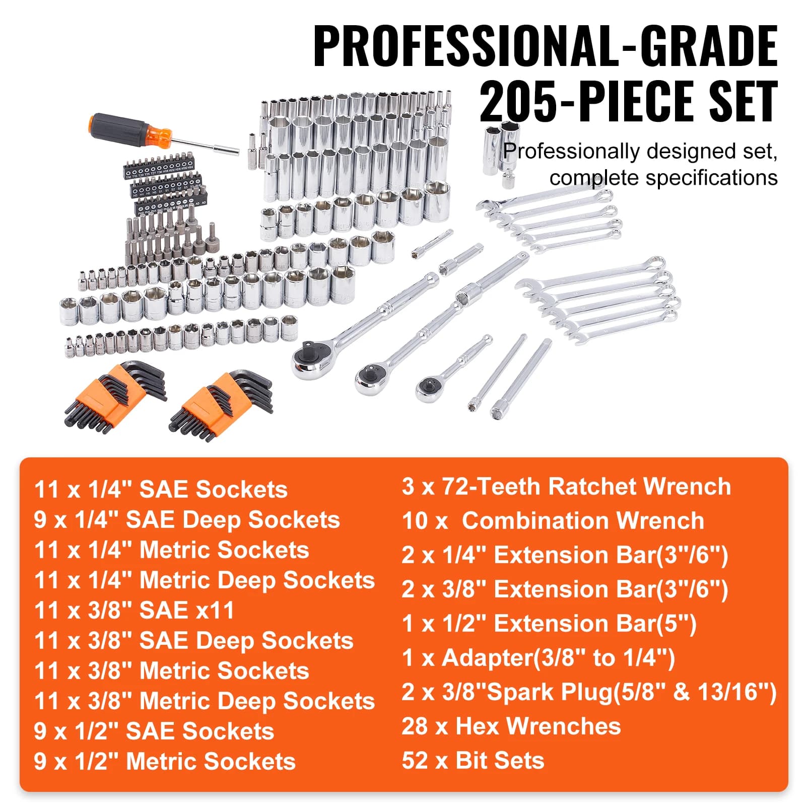 Mechanics Tool Set | 205-Piece SAE & Metric Socket Kit | Deep & Standard Sockets - Thumbnail 4