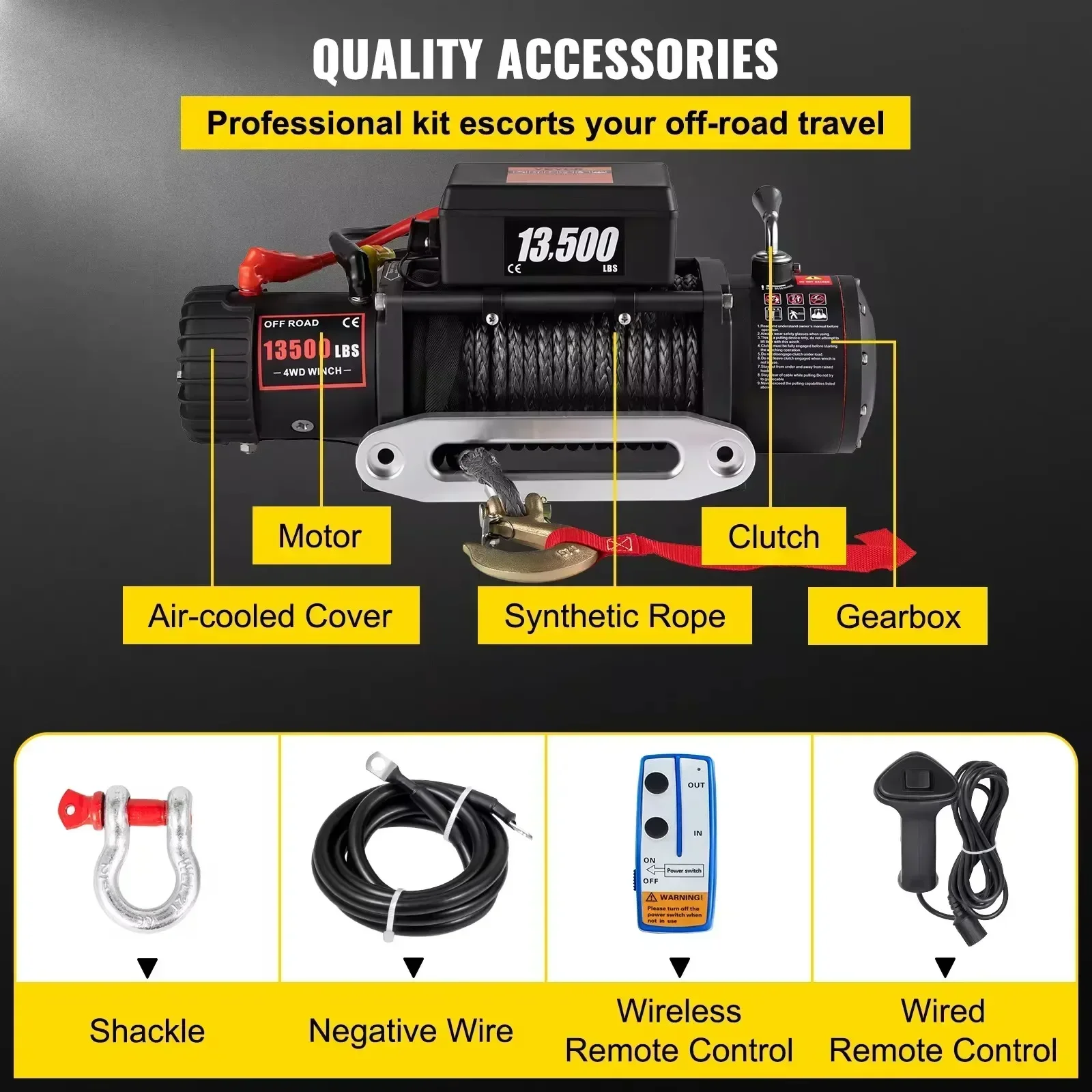 12V Electric Winch | 13,500 lb Synthetic Rope | Heavy-Duty Off-Road & Towing Recovery - Thumbnail 6