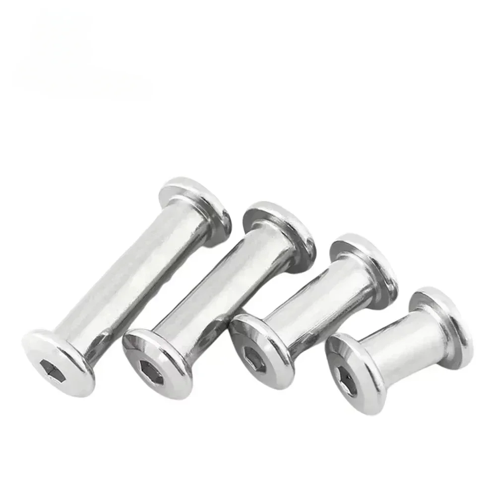 Stainless steel flat hex socket head rivet connectors in multiple sizes from M3 to M10 for furniture joint and sleeve applications.
