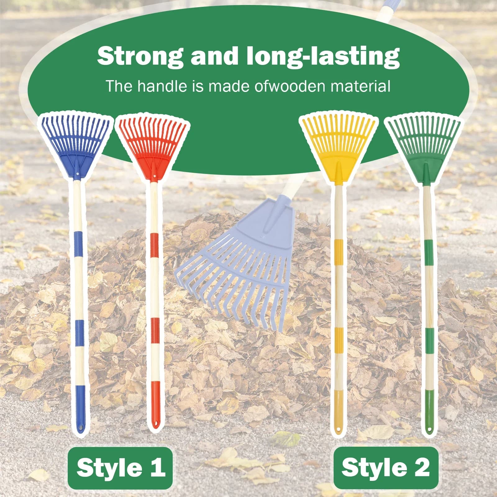Child Garden Rake | 2Pcs Plastic & Wood Leaf Rakes | Removable Handle Kids Gardening Tool - Thumbnail 2