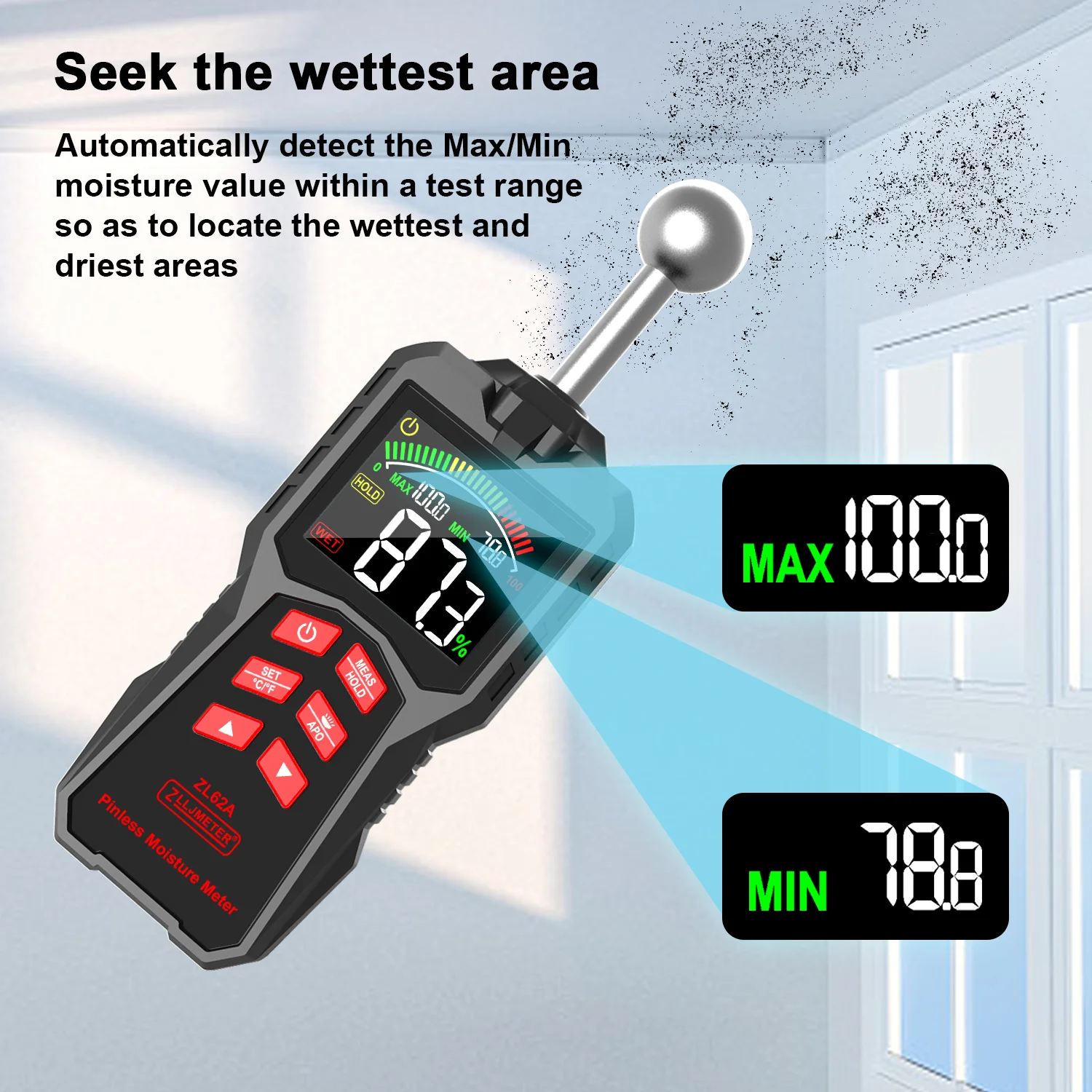 Pinless Moisture Meter with Ball Probe, Color LCD & 0-100% RH Range - Alarm Function - Thumbnail 2