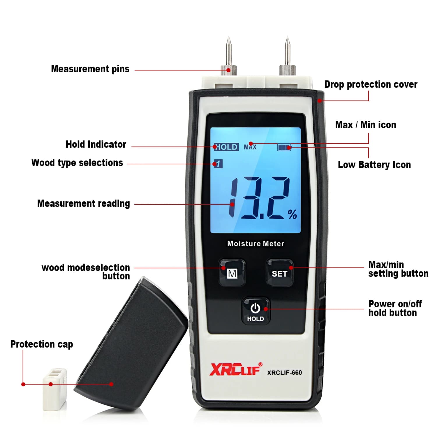 Handheld Moisture Meter for Wood, Concrete, Woodworking & Building Materials - LCD Display - Thumbnail 2