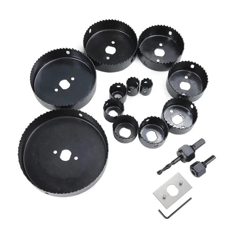 16-piece hole saw set with sizes from 19mm to 127mm for drilling wood, metal, PVC, and drywall.