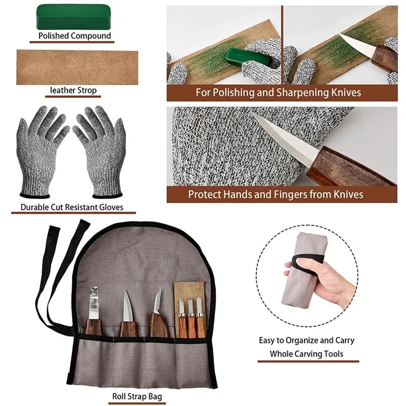 Wood Carving Tools Set | 10-Piece Detail Knife & Chisel Kit with Sharpener & Safety Gloves - Thumbnail 3