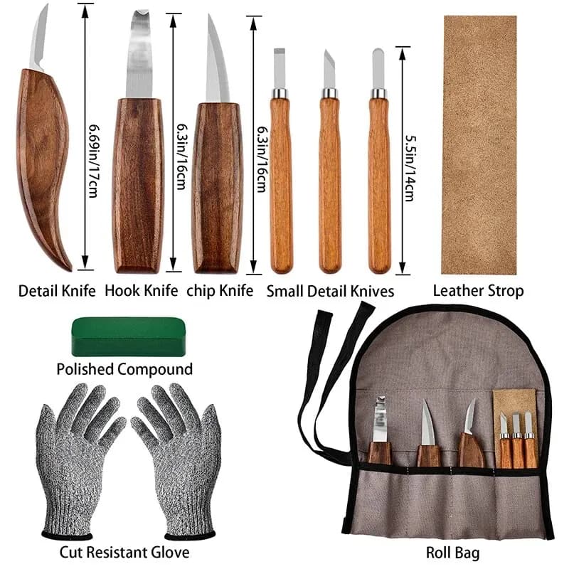 Wood Carving Tools Set | 10-Piece Detail Knife & Chisel Kit with Sharpener & Safety Gloves - Thumbnail 2