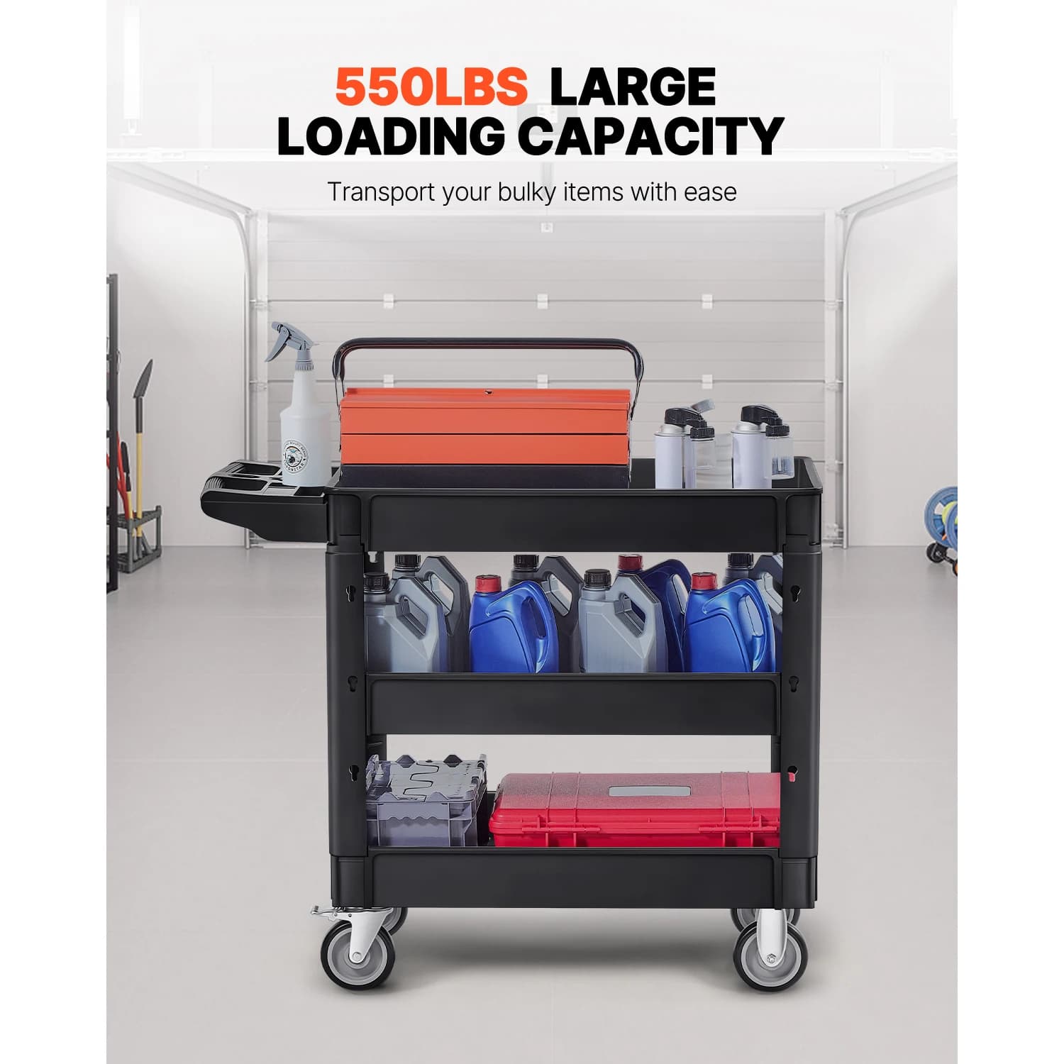 Heavy-Duty 3-Tier Utility Cart | 360° Swivel Wheels & Ergonomic Handle | Garage & Workshop Storage Solution - Thumbnail 3