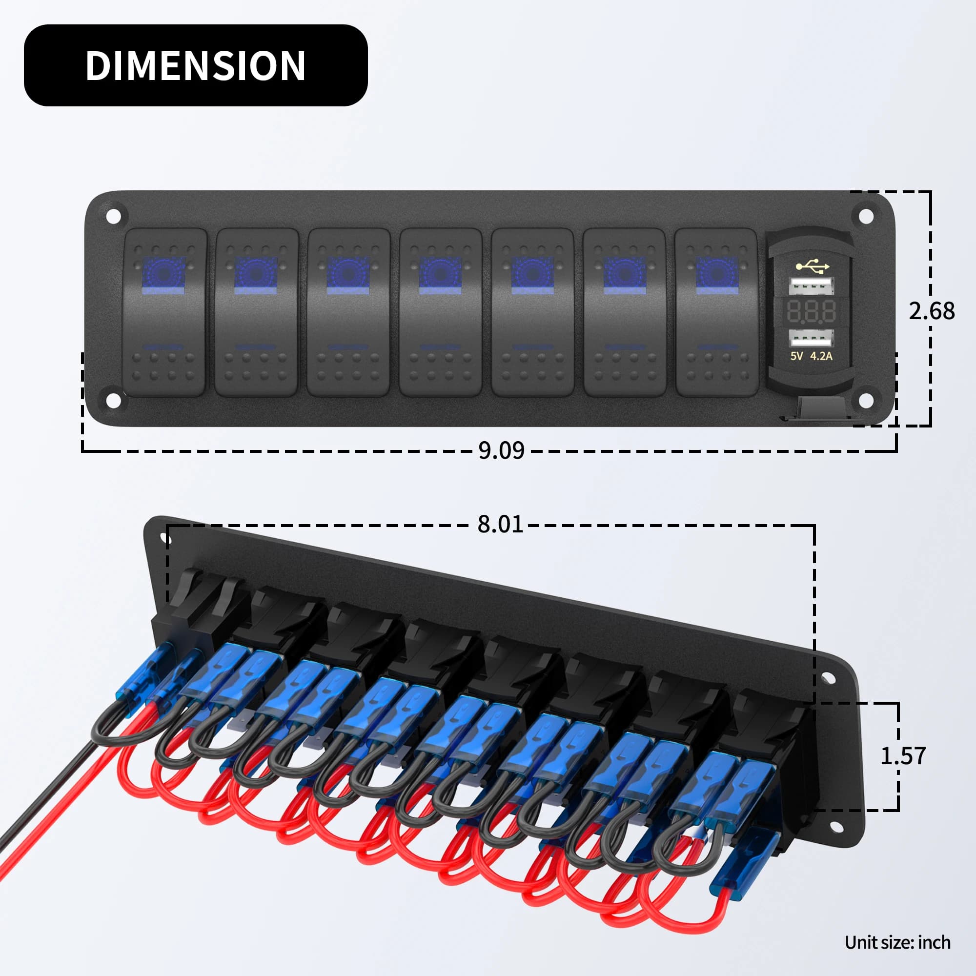 Marine-Grade 7-Gang Rocker Switch Panel | Waterproof with USB Charger & Voltmeter - Thumbnail 3