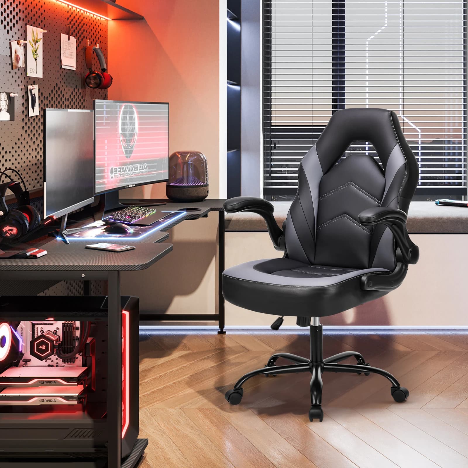 Gaming Desk Chair | Adjustable Flip-Up Armrests & PU Leather | Home Office Computer Racing Chair - Thumbnail 4