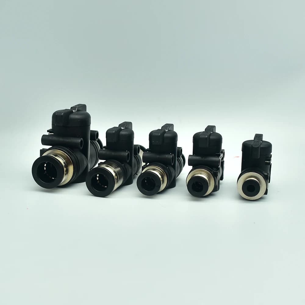 BUC manual ball valve push-in quick connector in black, showing 4mm to 12mm pneumatic fittings for air flow control.