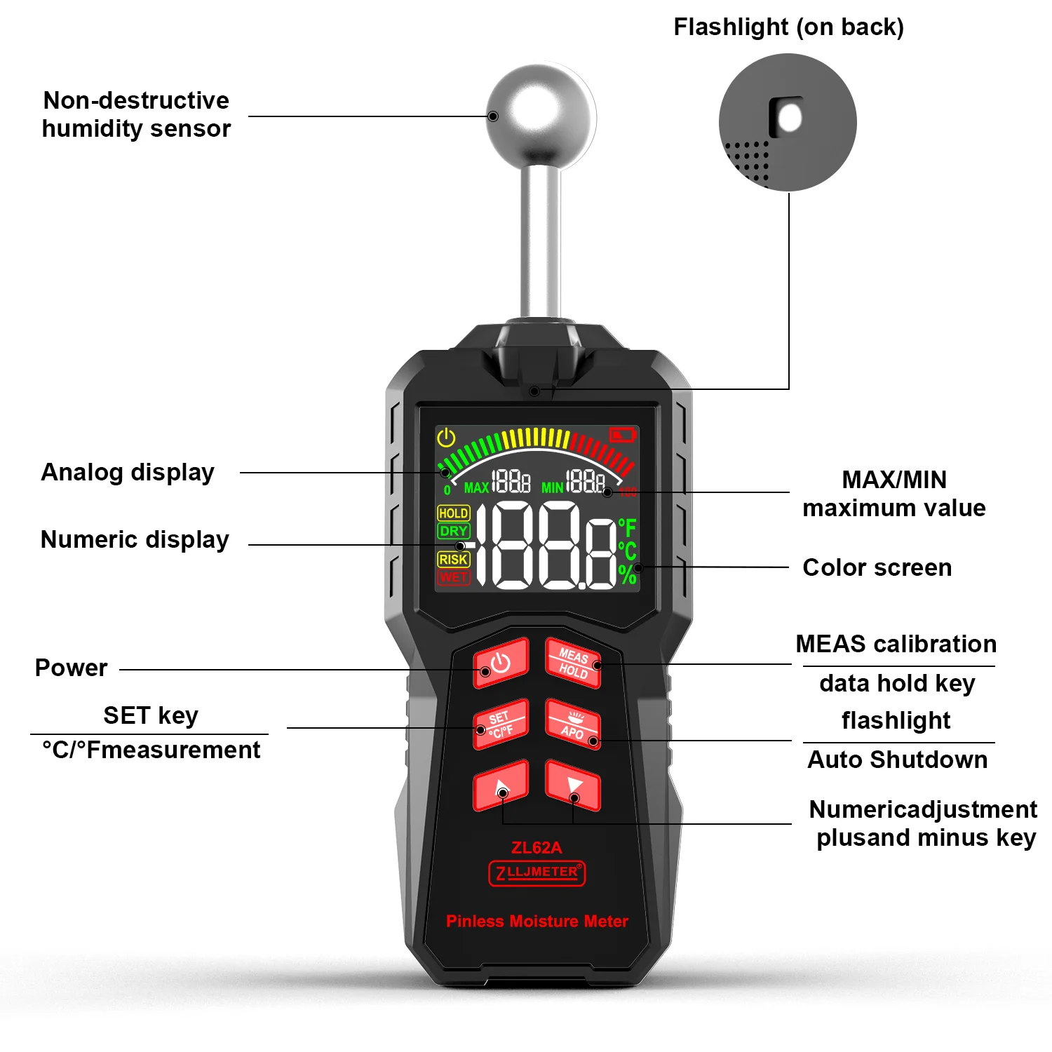 Pinless Moisture Meter with Ball Probe, Color LCD & 0-100% RH Range - Alarm Function - Thumbnail 4