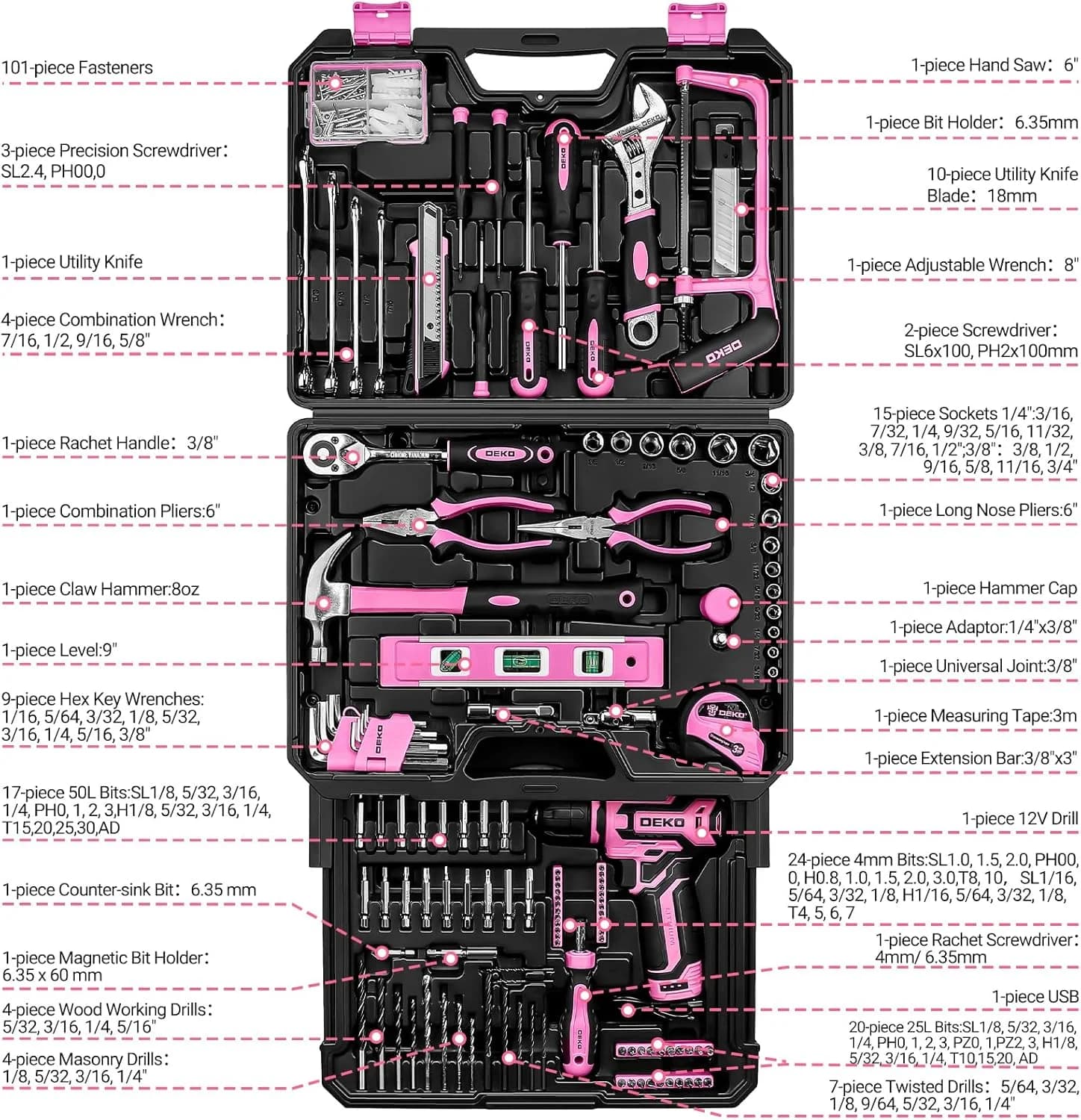 DEKO Home Mechanic Toolbox with 12V Power Cordless Drill Hand Repair Tools Sets Combo Kits Storage Organizer Drawer Case - Thumbnail 3