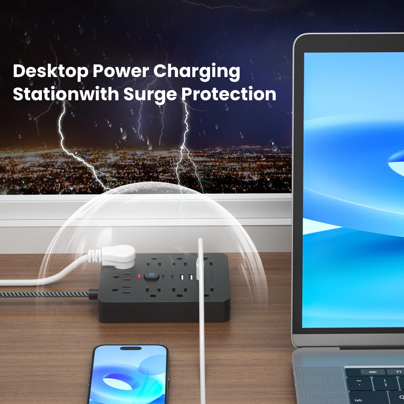TRANSTON   power strip surge protector with 9 Ac Outlets,3 USB & 2 USB-C,5ft Cable,Weaving thread,45° tilt plug,Black - Thumbnail 4