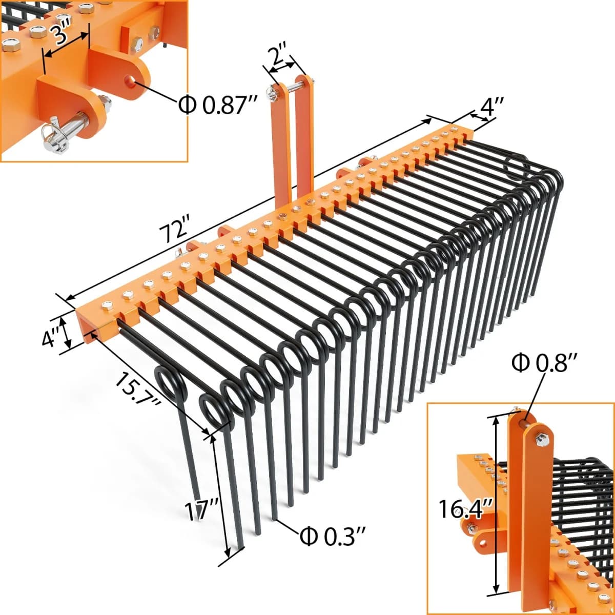 72in Pine Straw Rake | 3-Point Tractor Attachment | Cat 0 & Cat 1 Hitch Compatible - Thumbnail 3