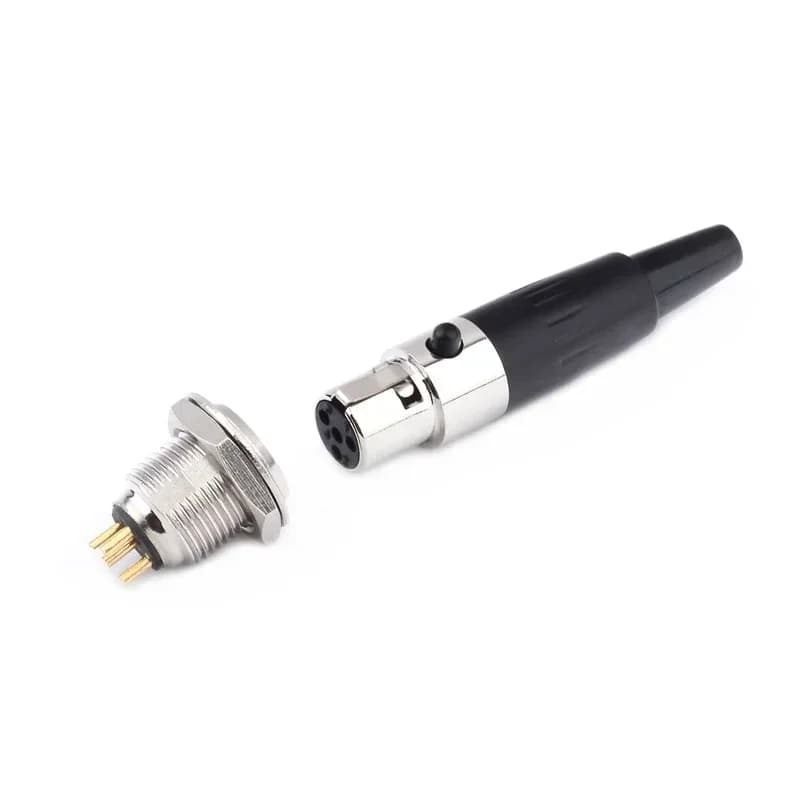Mini XLR connector set with 3-pin, 4-pin, 5-pin, and 6-pin male plugs and female panel mount jacks for professional audio and video equipment.