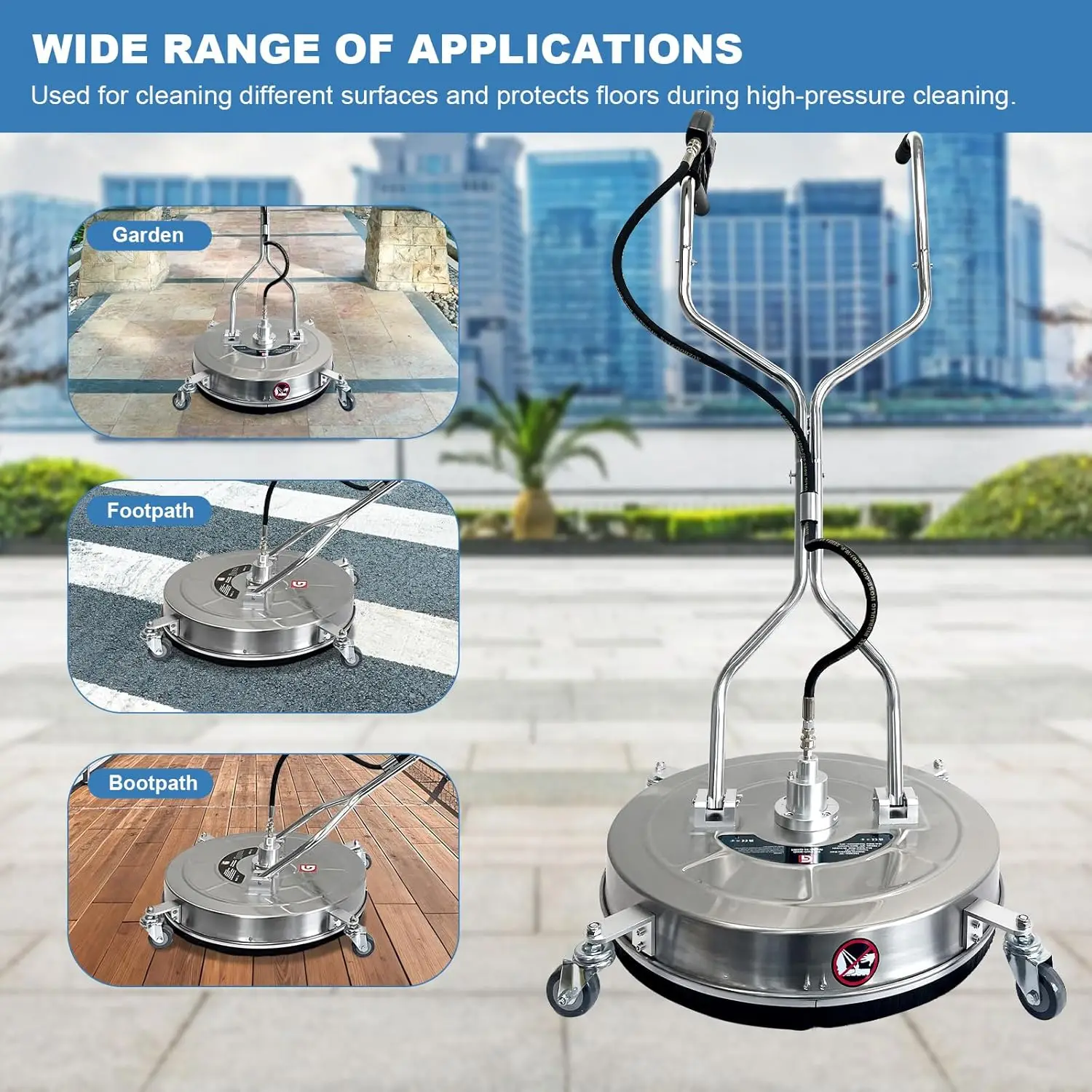 30'' Pressure Washer Surface Cleaner | 4-Wheel Stainless Steel | 5200PSI for Concrete & Driveways - Thumbnail 3