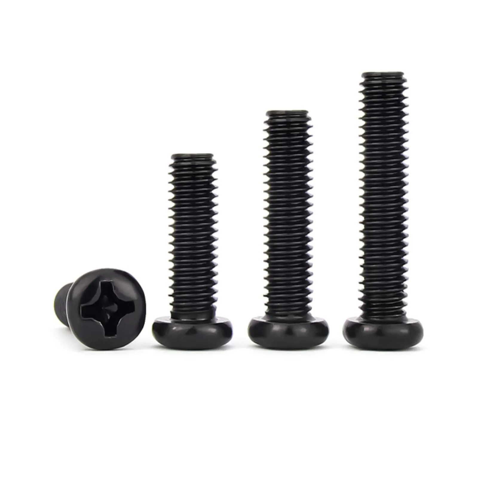 Black carbon steel Phillips pan round head machine screws in metric sizes from M1 to M6, ideal for computer and electronic assembly with 10-100 piece quantities.