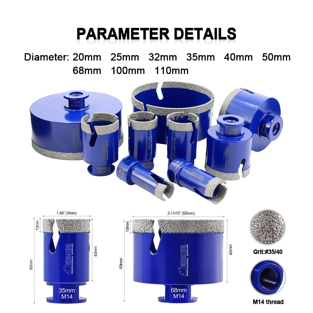 Diamond Hole Saw Kit | 20-110mm Core Drill Bits for Porcelain, Granite & Quartz | M14 Thread - Thumbnail 3