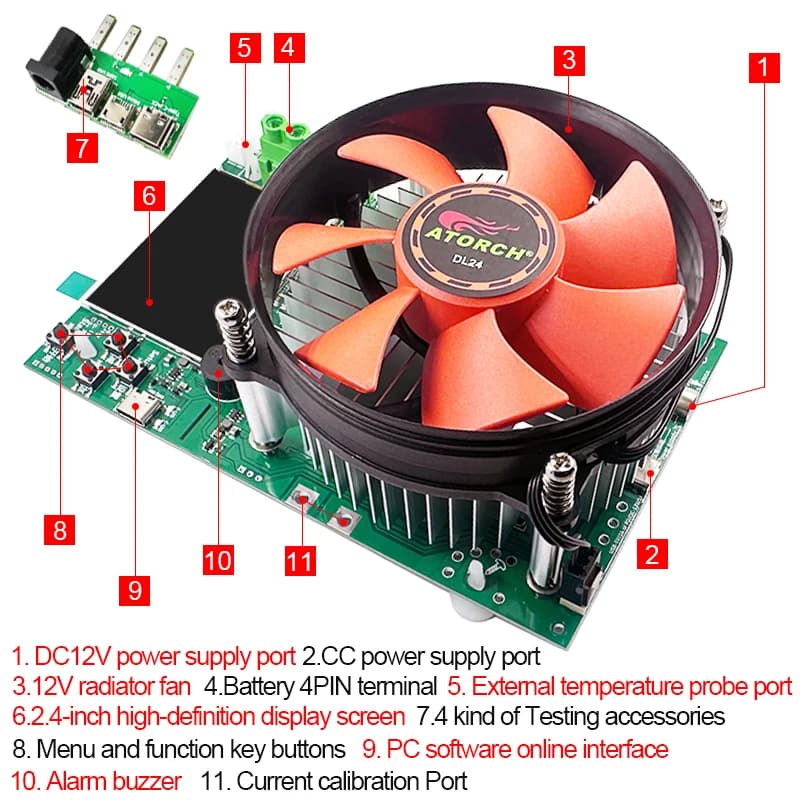 150W Electronic Load Tester | 4-Wire Battery Capacity Analyzer with 2.4 TFT Display - Thumbnail 4