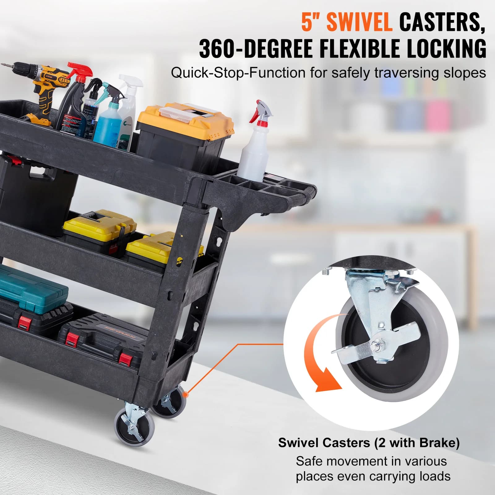 Heavy-Duty 3-Tier Utility Cart | 360° Swivel Wheels & Ergonomic Handle | Garage & Workshop Storage Solution - Thumbnail 2