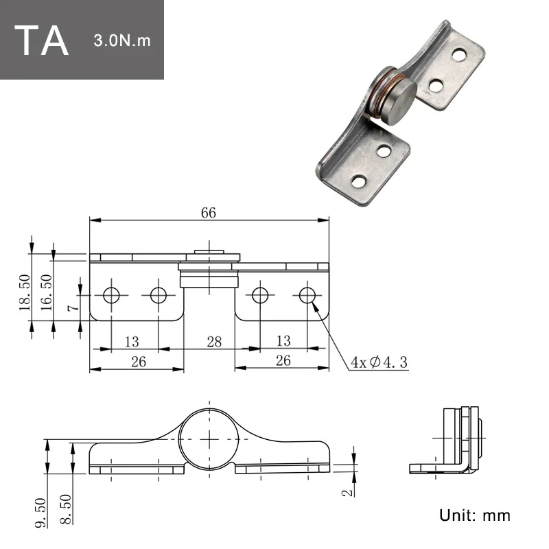 Equipment Damping Hinge | 304 Stainless Steel | Non-Adjustable Torque & Stop Mechanism - Thumbnail 6