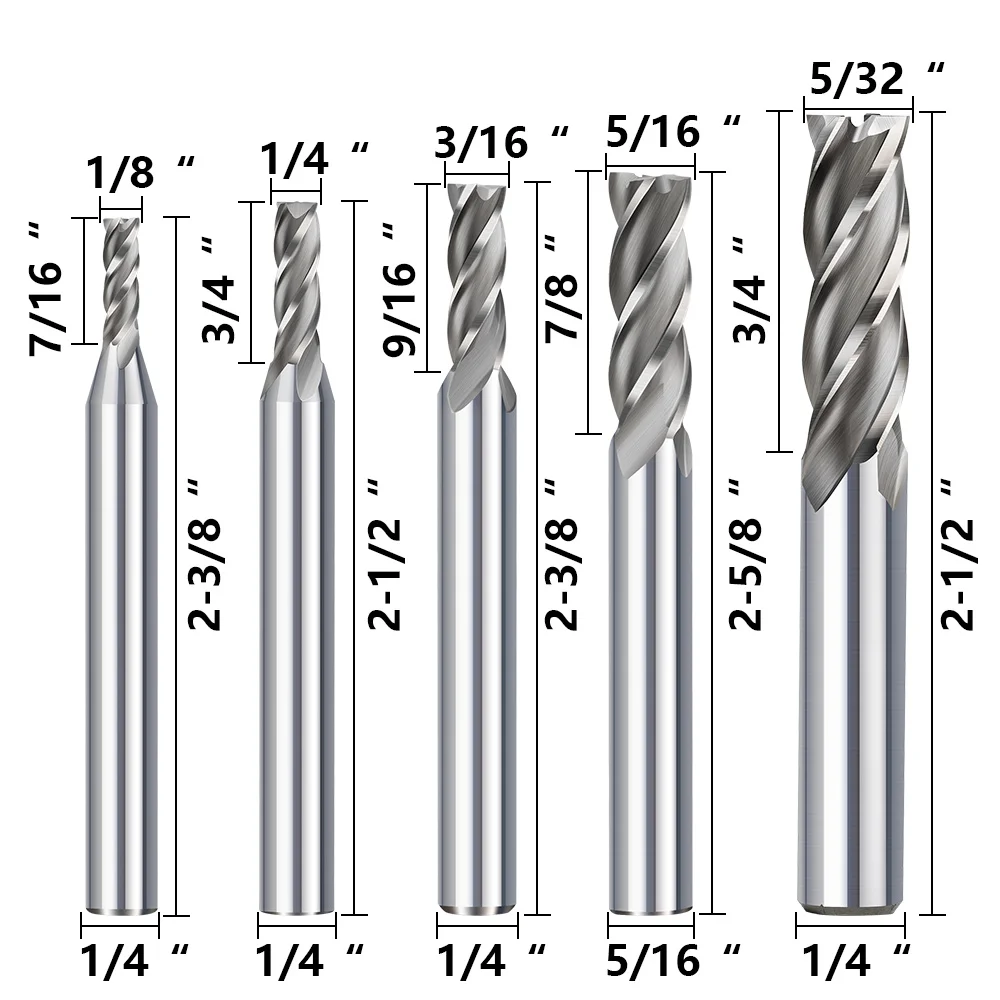 Milling Cutter Set | 4 Flute End Mills 1/16-5/8 | CNC Router Bits for Metal - Thumbnail 2