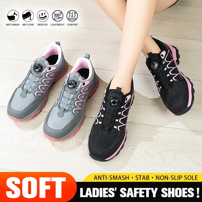 Women's Steel Toe Safety Shoes | Lightweight Breathable Kevlar-Midsole Design | Rotating Button Anti-Puncture Work Shoes - Thumbnail 3