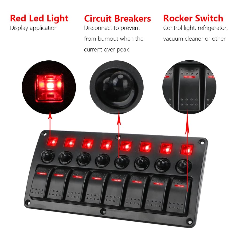 Overload Protection Waterproof Car Vehicle Truck RV SUVS Marine Circuit Breakers With Fuse 8 Gang LED Switch Panel 12/24V - Thumbnail 4