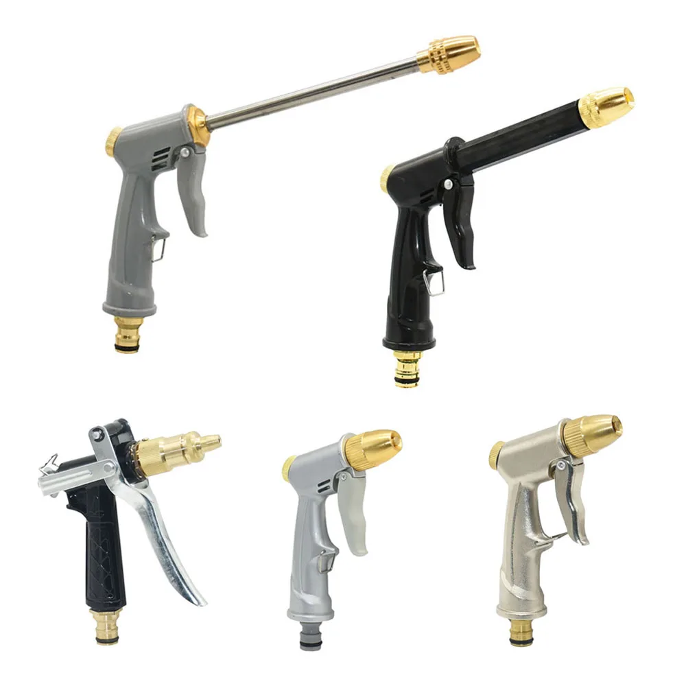 High-pressure water gun spray nozzle for car washing, garden irrigation, and cleaning, with adjustable sprinkler patterns.