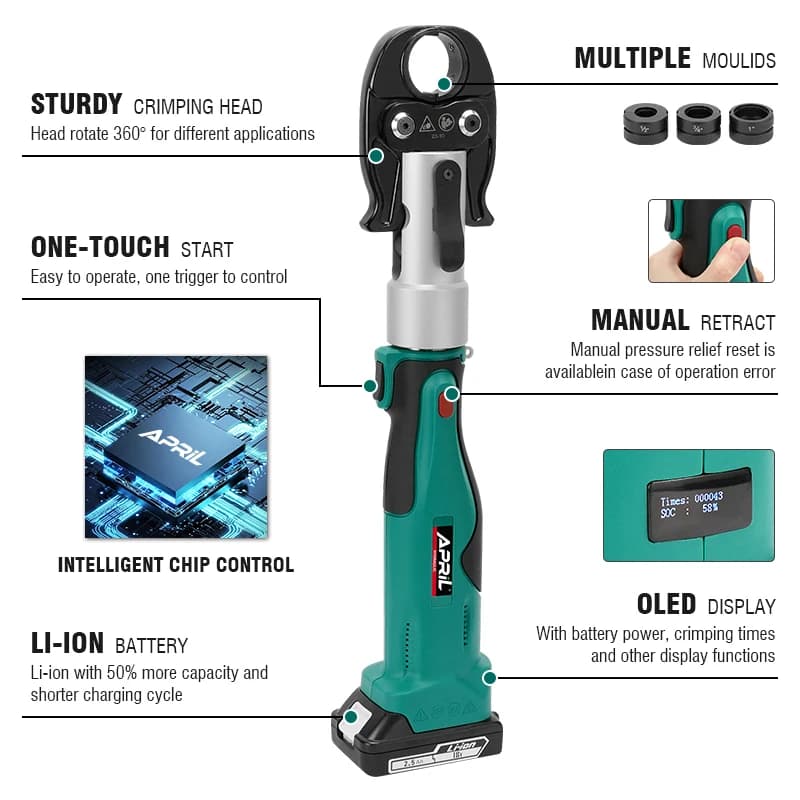 Hydraulic Pipe Crimping Tool | High-Power Li-ion Battery | Portable Stainless Steel Crimper - Thumbnail 5