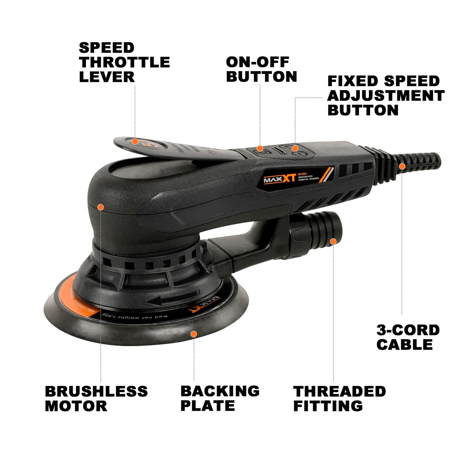 Orbital Sander | 350W Brushless Motor | Wood & Car Body Polisher with 150mm Pads - Thumbnail 3
