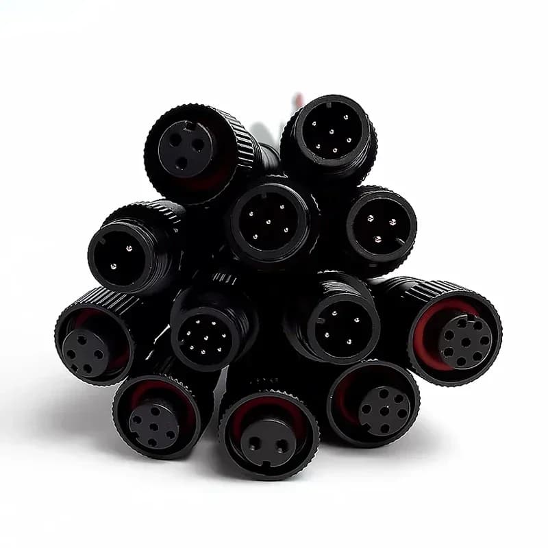 M12 IP68 waterproof connector set with black metal housing for LED strips, includes male and female plugs in 2 to 8 pin configurations.