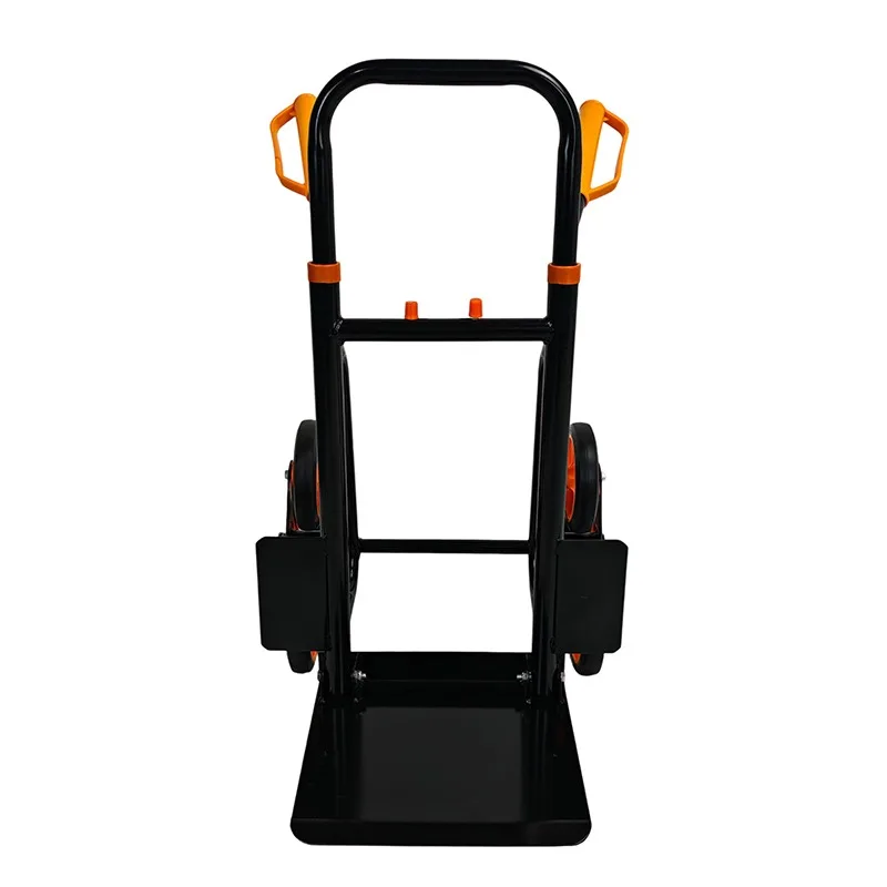Heavy Duty Steel Stair Climber Hand Truck with foldable platform and customizable tool support for industrial material handling.