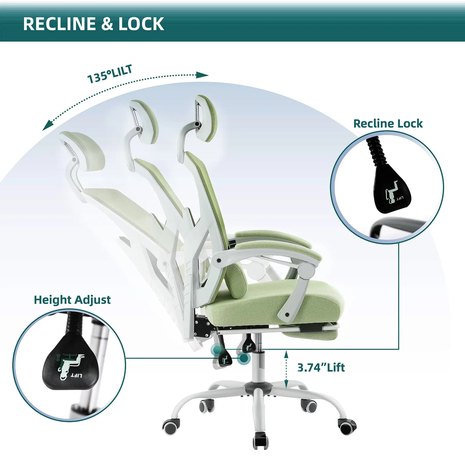 Gaming Chair | High Back Mesh Recliner with Lumbar Support | Office & Living Room Swivel Rocker - Thumbnail 5