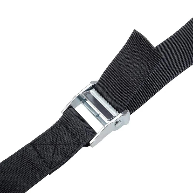 Premium zinc alloy pressure buckle for heavy-duty ratchet tie-down straps, securing cargo and luggage with a durable metal tensioner.