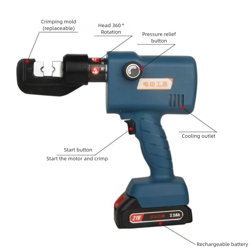 Cordless Hydraulic Crimping Tool | Rechargeable Lithium Battery | Portable Electrical Pliers - Thumbnail 5