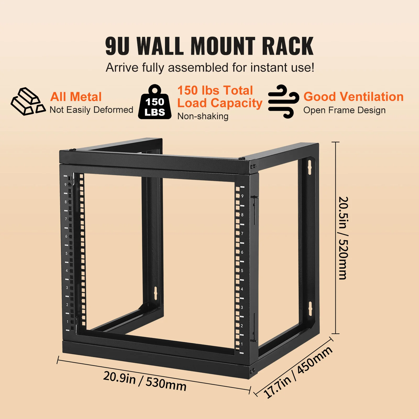 9U Open-Frame Server Rack | 150lb Heavy-Duty Wall Mount | IT Network Equipment Enclosure - Thumbnail 3