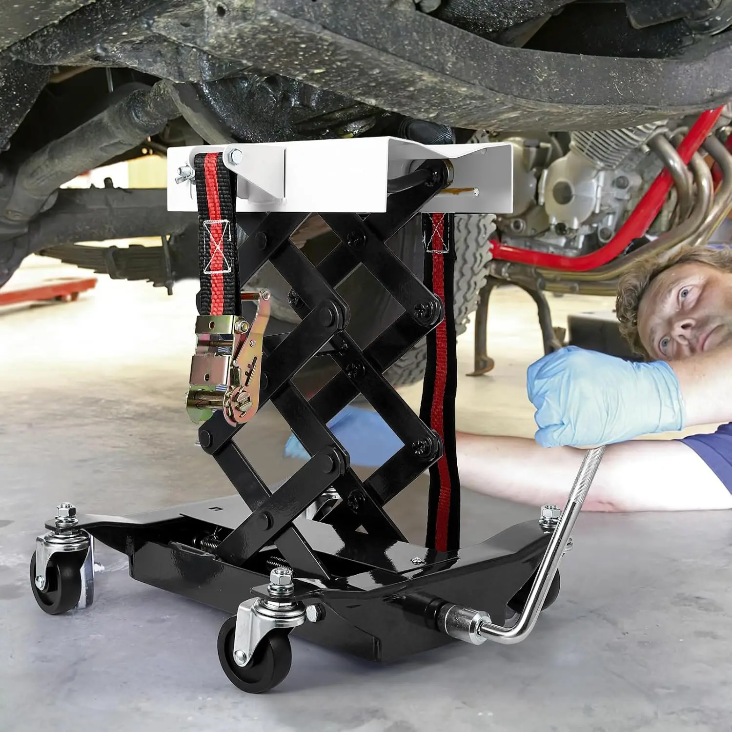 450lb Hydraulic Transmission Jack | Low-Profile Design with Safety Straps for Auto Repair - Thumbnail 5
