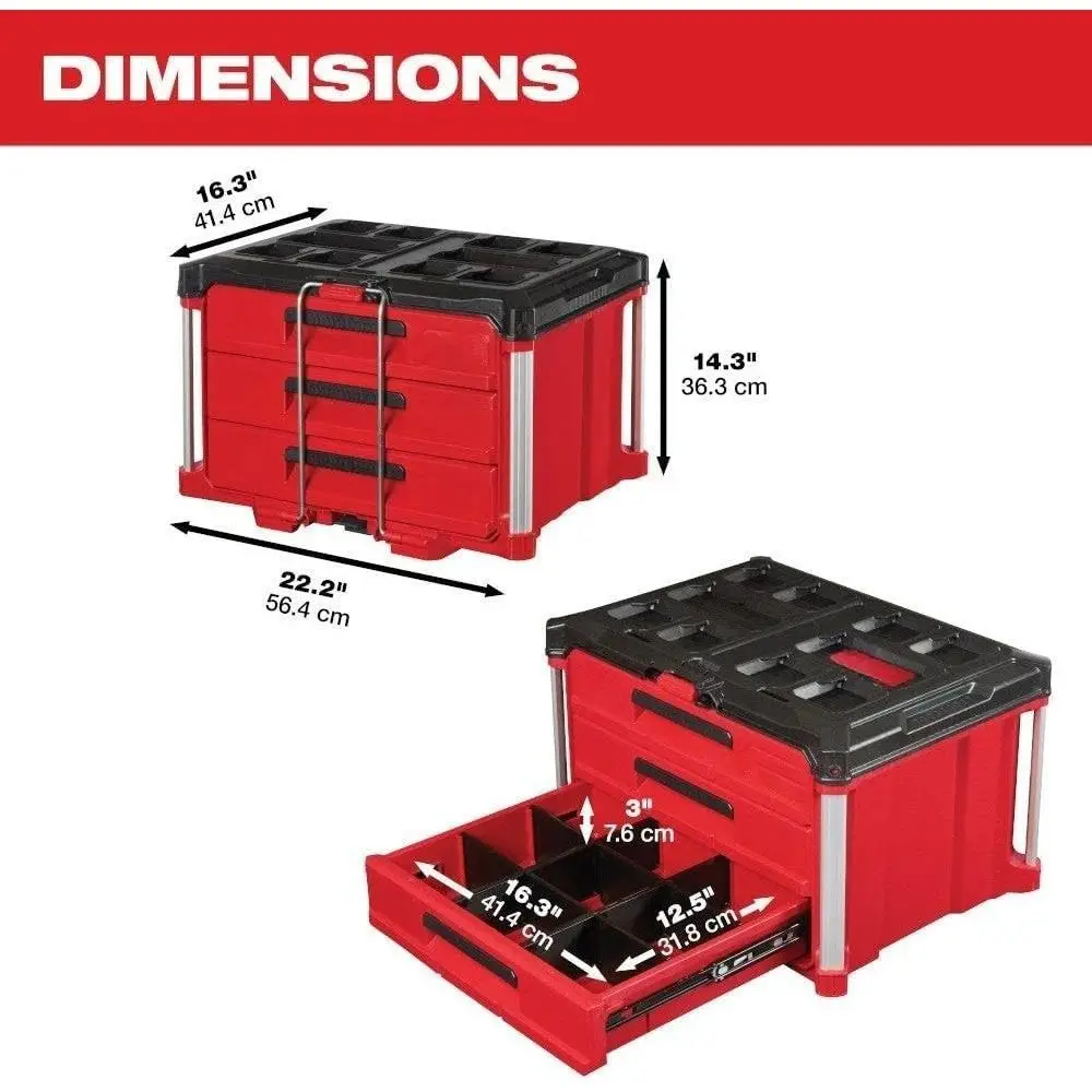 Milwaukee PACKOUT 3-Drawer Toolbox | Portable 48-22-8443 System | 16.3x22.2x14.3 in - Thumbnail 3