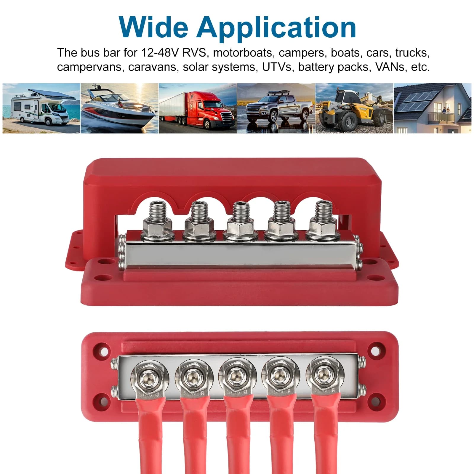 Heavy-Duty M10 Bus Bar Terminal Block | 5-Way Power Distribution | 600A 12-48V DC for RV, Marine & Truck - Thumbnail 6
