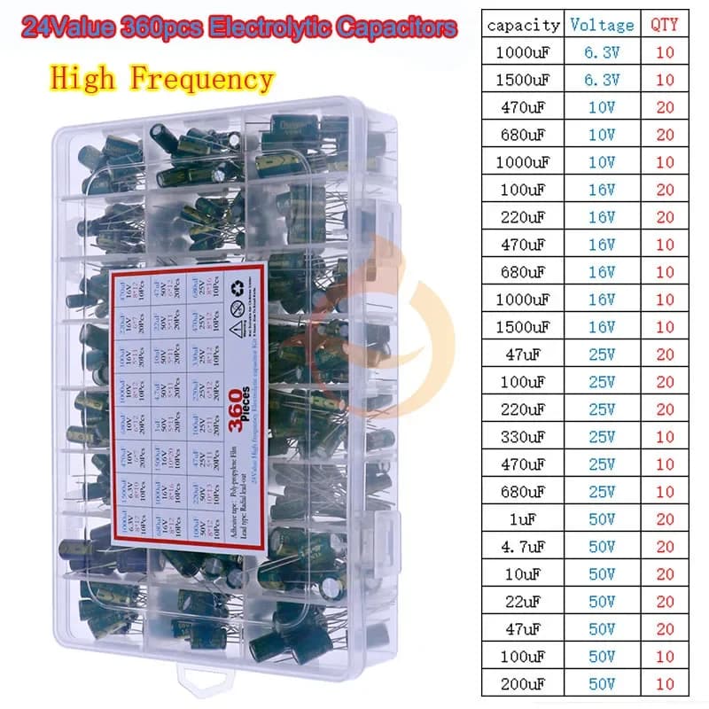 Capacitor Assortment Kit | 16V-400V | 0.1uF-1500uF | DIP & SMD for Electronics Repair - Thumbnail 3