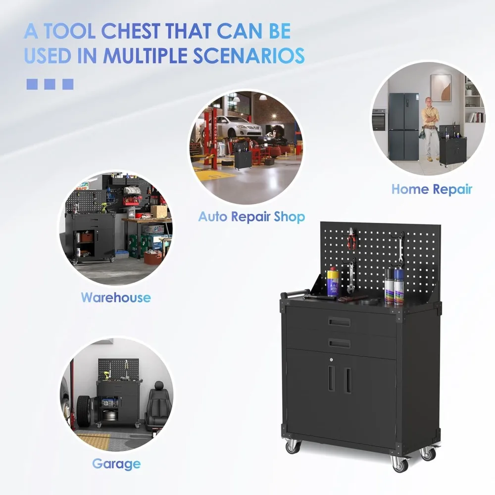 Tool Cart with Pegboard | 2-Drawer Garage Cabinet on Wheels | Utility Service Cart - Thumbnail 5