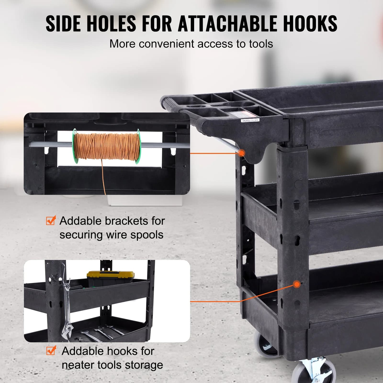 Heavy-Duty 3-Tier Utility Cart | 360° Swivel Wheels & Ergonomic Handle | Garage & Workshop Storage Solution - Thumbnail 5